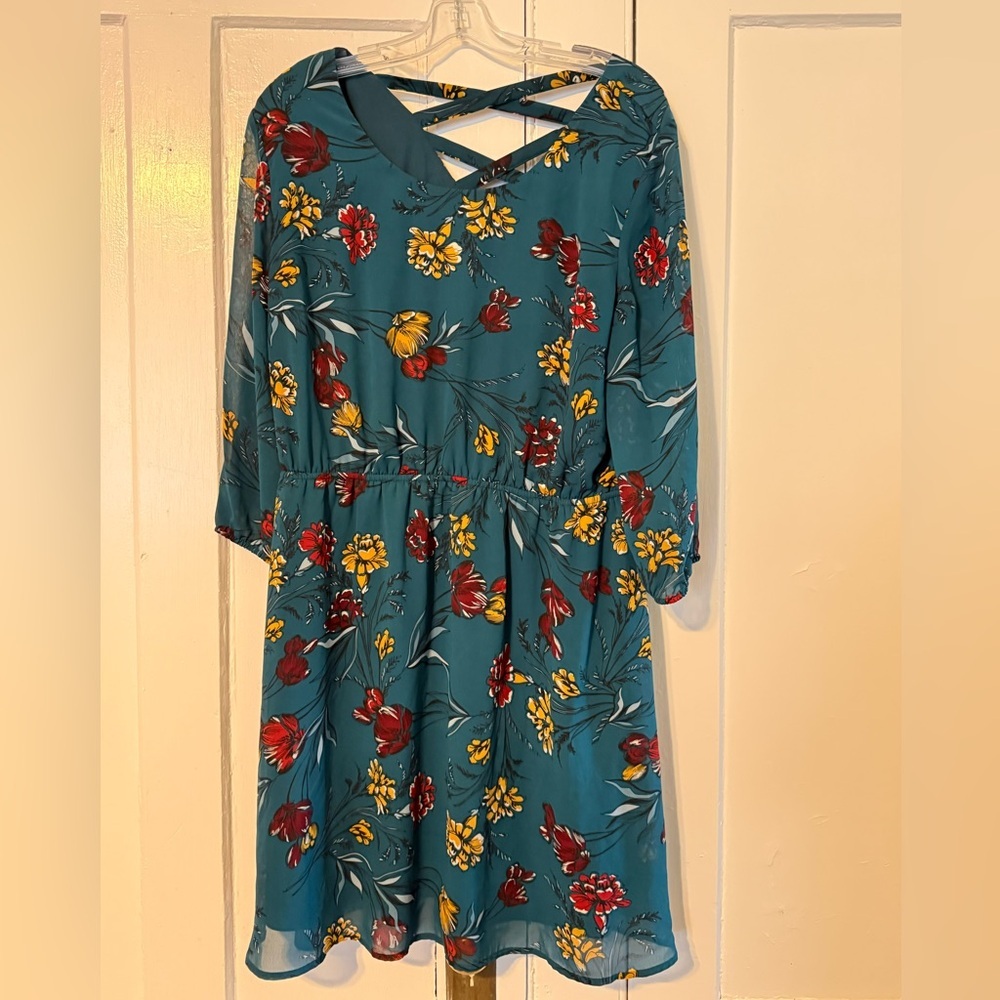 Maurices Teal Dress with Red and Yellow Floral